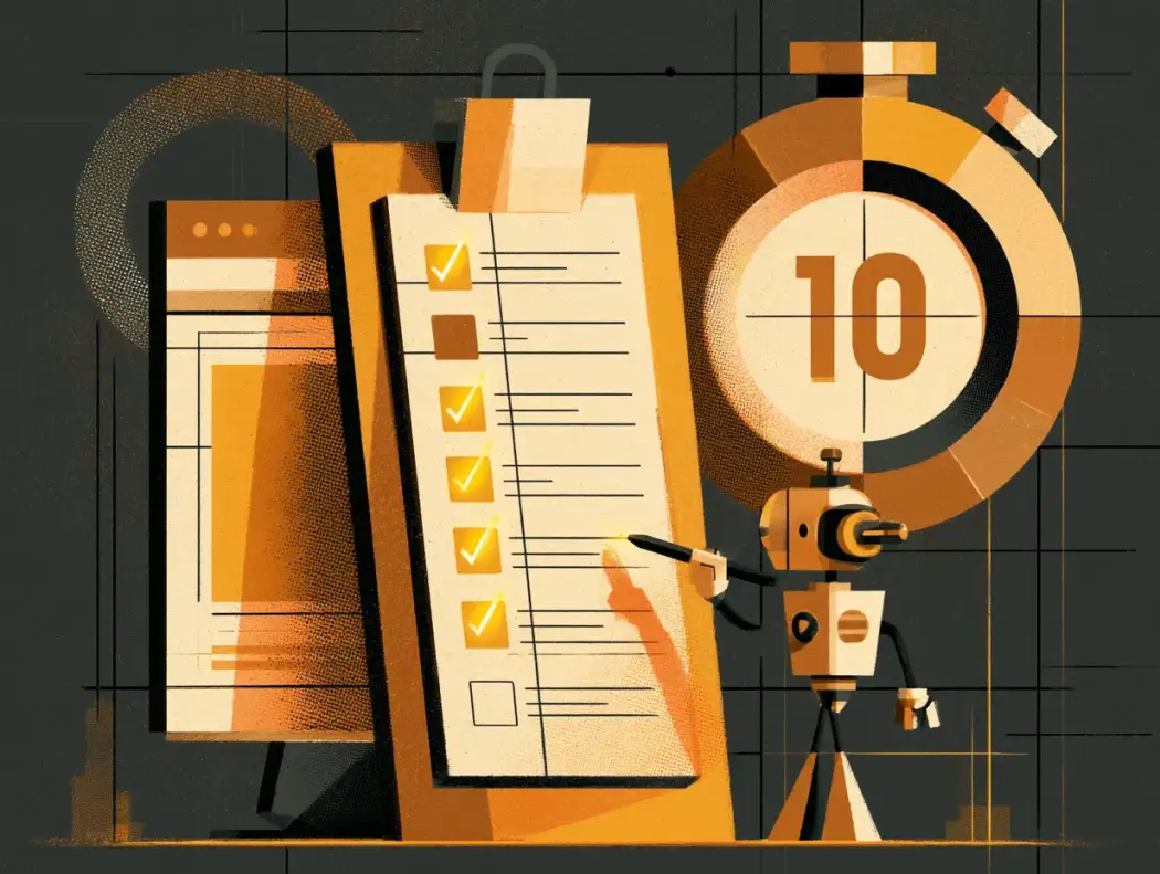 Illustration of a ten point small business website checklist on a clipboard beside a ten minute stopwatch, a robot checking off items to quickly grade a website.
