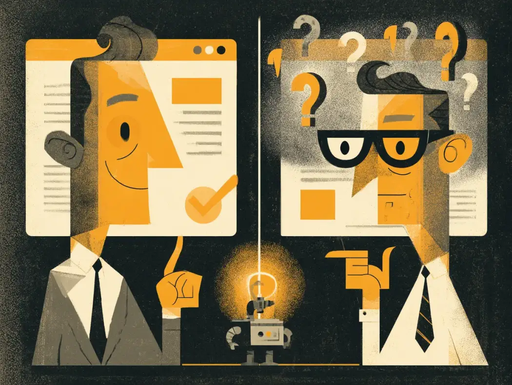 Illustration of the perception gap between what a business owner sees on their website and what a client actually sees, one side confident with a checkmark and one side full of question marks.