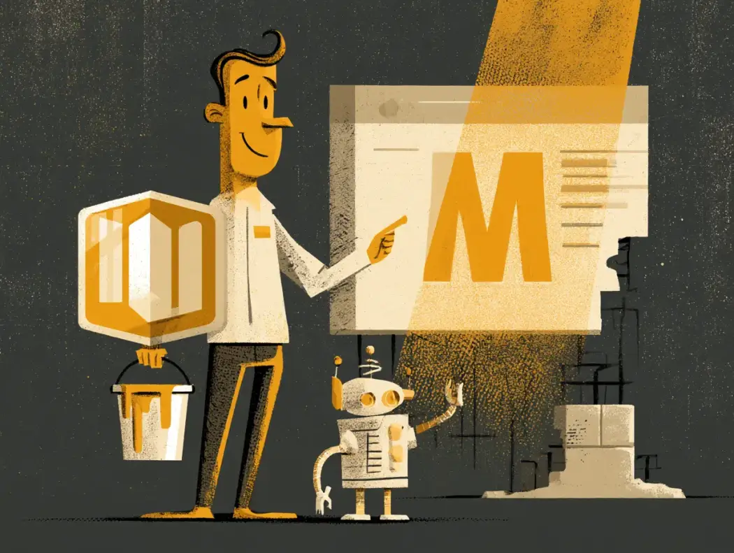 Illustration of a business owner holding a shiny new logo and paint bucket while a robot points past it to the crumbling foundation of the actual website, showing a better website matters more than an expensive rebrand.