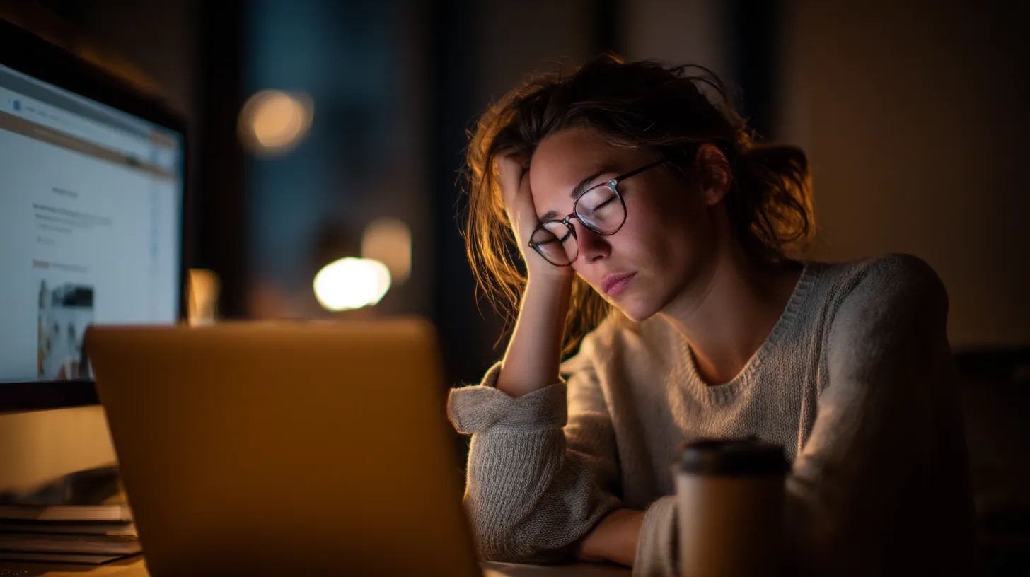 Business owner exhausted at her laptop late at night, head in hand